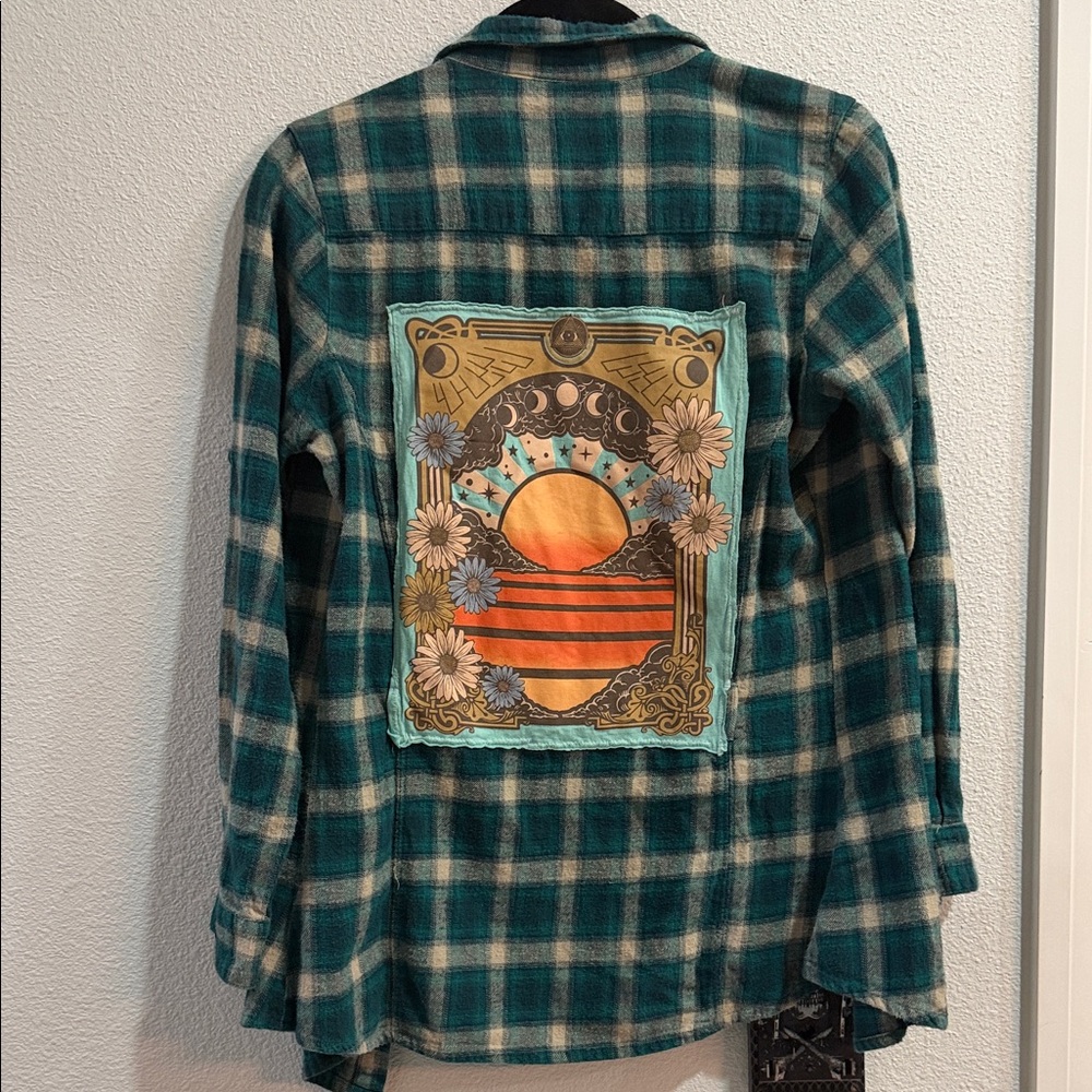 Women's Teal Plaid Button-Down Shirt with Sunrise Patch